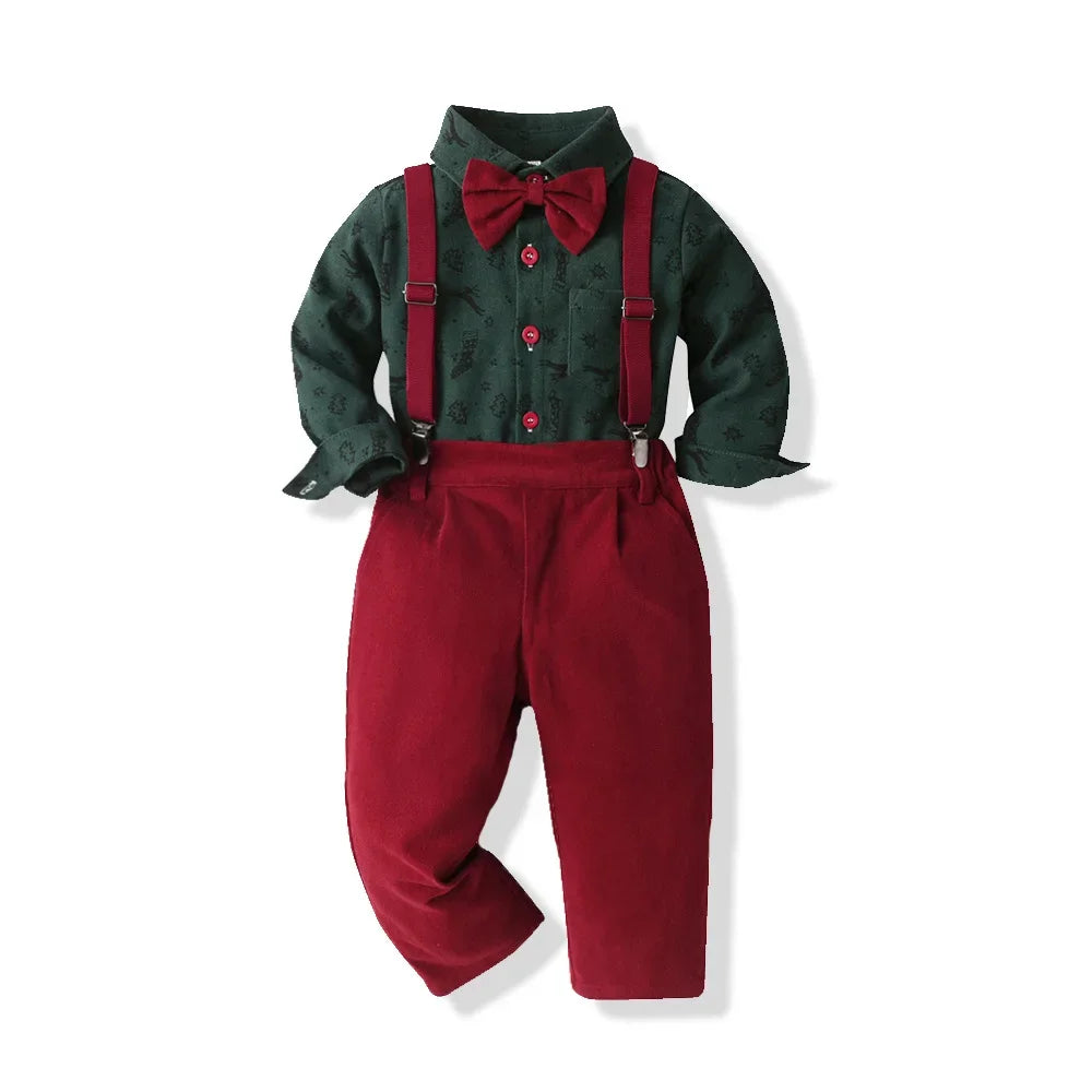 New Christmas Boys Set Printed Long Sleeve Cardigan Snowflake Velvet Overalls Two-piece Set