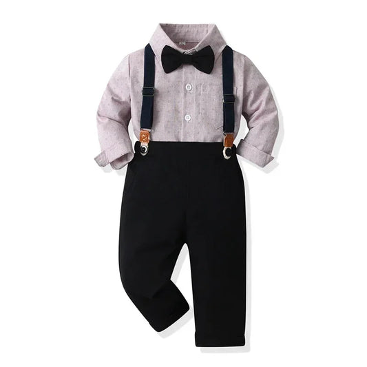 Boys' single-breasted long-sleeved printed cardigan overalls two-piece autumn trend suit