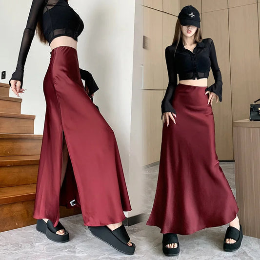 Burgundy Satin Skirt Women's Autumn Dress High Waist Thin Medium and Long Skirt Ruffle Edge Split Hip A-shaped Skirt