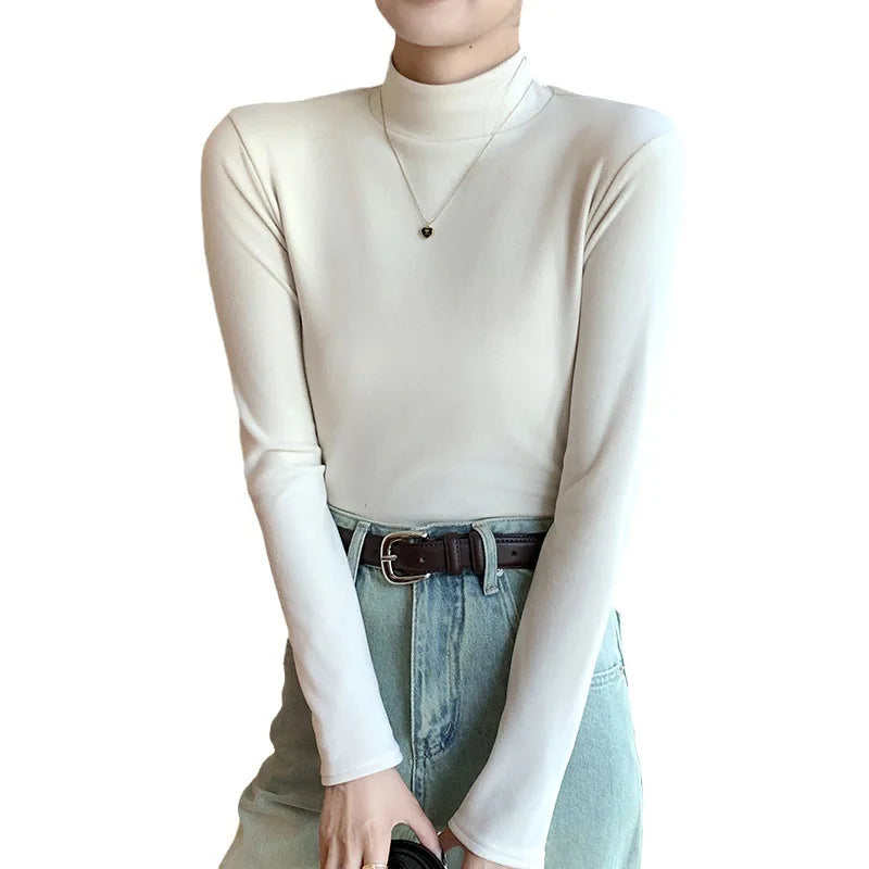 Semi-turtleneck double-sided German velvet bottoming shirt for women's spring and autumn models,thickened warm long-sleeved top