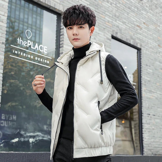 Men's Duck Down Vest Winter New Fashion Casual Basic Thermal Hooded Top