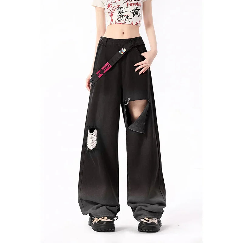 Pink Hole Gradual Change Jeans Women's Winter Niche Wide Leg Small Thick Pants