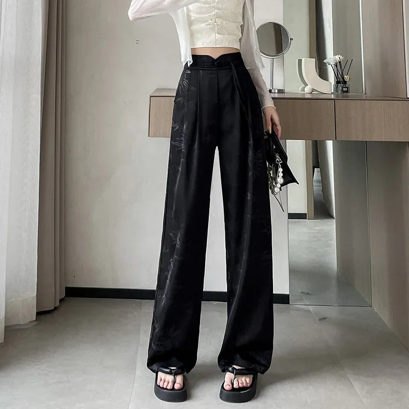 New Satin Embossed Wide-leg Pants Women's Summer Thin High-waisted Straight-leg Pant