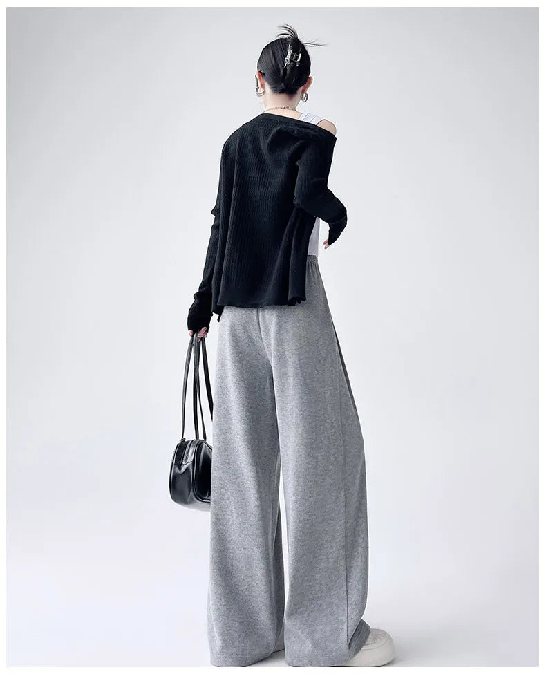 Dark Gray Glutinous Rice Casual Pants Women's Straight Autumn and Winter New Large Size  Wide-leg Pants