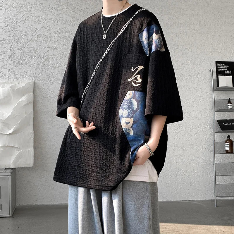 Men's T-shirt Short Sleeve Embroidery High-end Tooling Summer Newheavy Five-quarter Sleeve