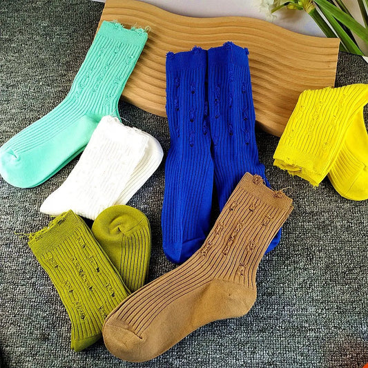 Solid Candy Color Fashion Beautiful Comfortable 100 Cotton Double Knitted Broken Holes Style Wholesale Girl Leisure School Socks