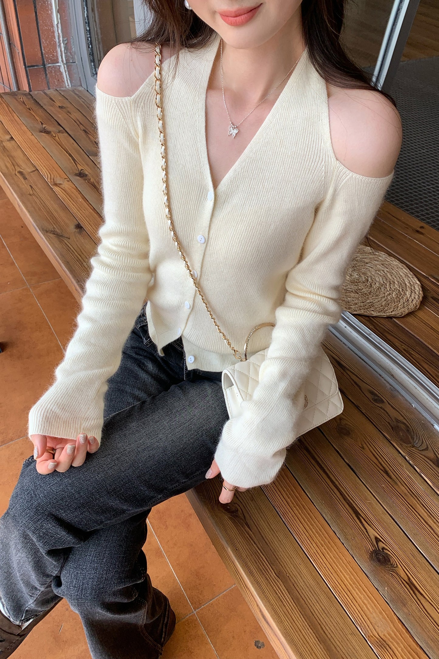 Lazy Halter Neck Long Sleeve Knitted Sweater for Women, Autumn New Style, Super Beautiful, Mature Off-Shoulder Top