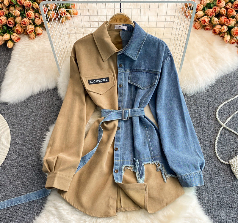 Denim Splicing Lapel Dress Spring and Autumn New Waist and Thin Irregular Medium and Long Shirt