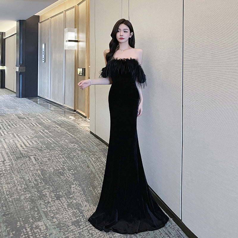Fur Collar Sexy Strapless Bodycon Floor-Length Women's Dress Elegant Backless Nightclub Gown Car Model Annual Meeting Evening Dress