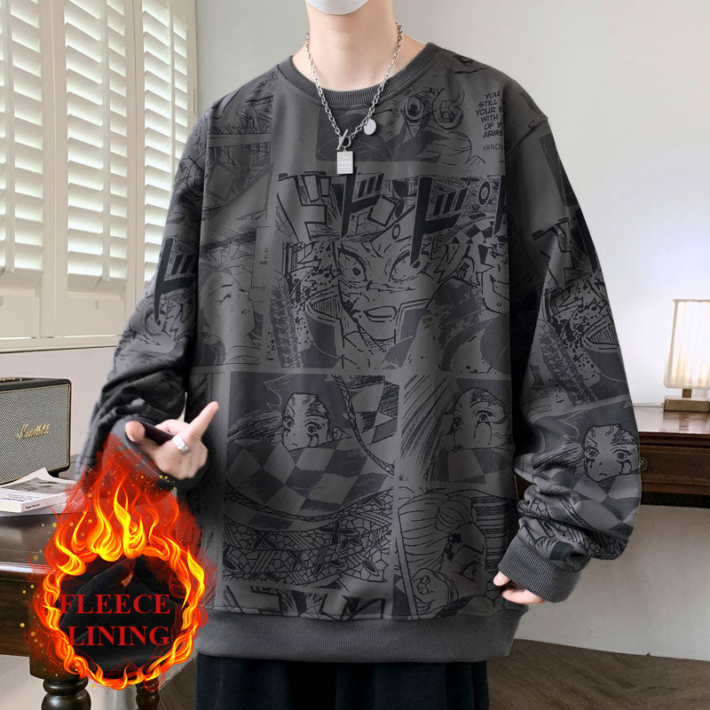 Autumn and Winter Large Size Street Animation Printed Sweater Men's Top Loose and Versatile