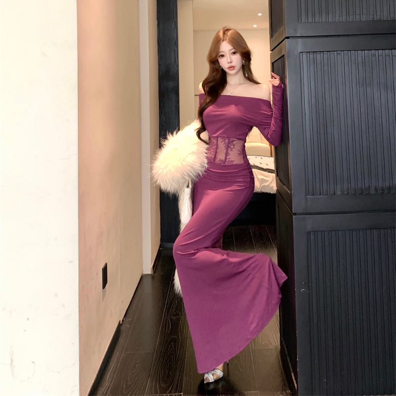 Mermaid Corset-Back Elegant Evening Gown with Lace Sleeves