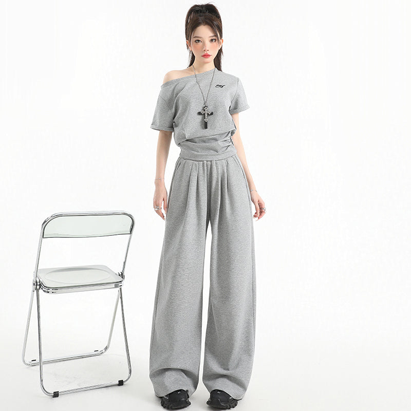 Stillness Sport Set: Slate-Gray Off-Kilter Shoulder Top + Engineered Relaxed Pants