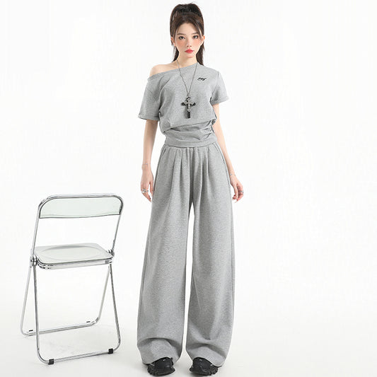 Stillness Sport Set: Slate-Gray Off-Kilter Shoulder Top + Engineered Relaxed Pants