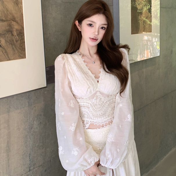 Tranquil Chiffon Blouse + Sculpted Skirt Set | Delicate Lace Details
