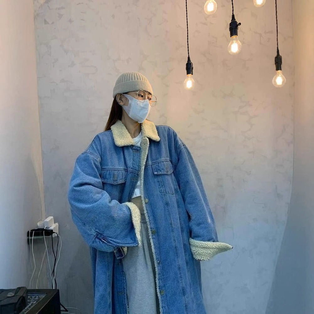 Women's Winter Lambswool Denim Jacket Mid-Length Korean Style Loose Slimming Thick Warm Cotton Streetwear