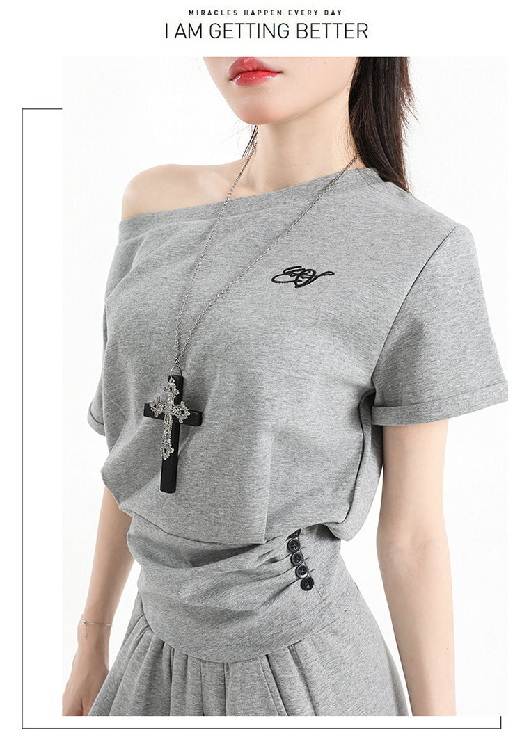 Stillness Sport Set: Slate-Gray Off-Kilter Shoulder Top + Engineered Relaxed Pants