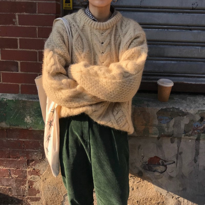 Autumn Winter INS Women's Loose Retro Braided Mohair Knit Sweater Round Neck Pullover Thickened Sweater Coat