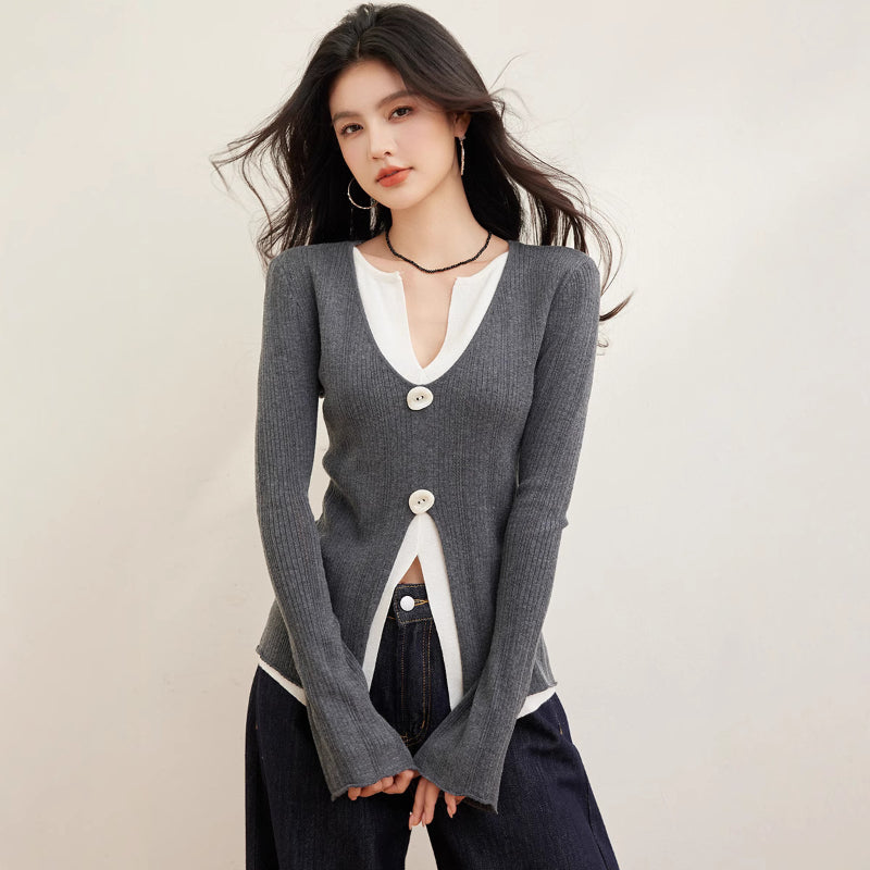 Early Spring New Fake Two Pieces Contrasting Color Design V-neck Irregular Waist Thin Knitted Top Women