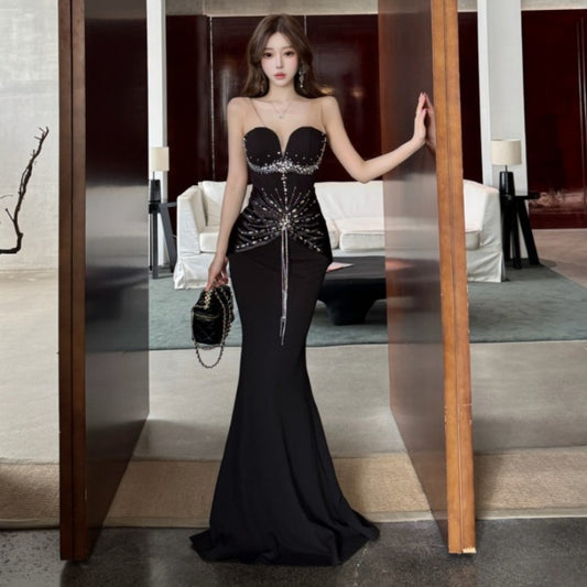 Velvet Plunging V-Back Mermaid Evening Gown for Host Black Tie