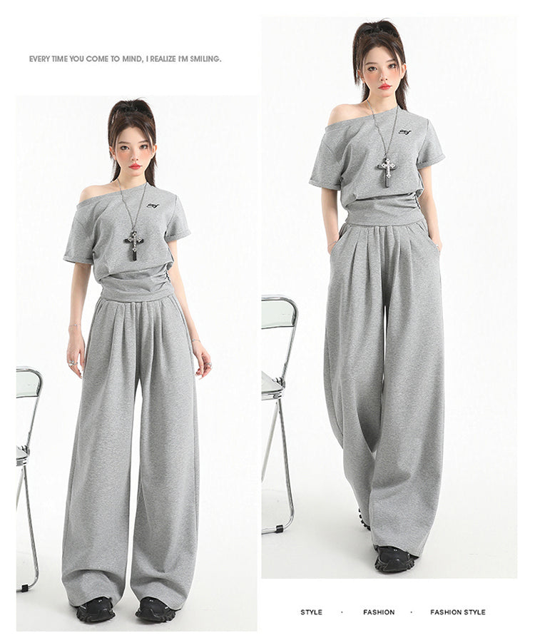 Stillness Sport Set: Slate-Gray Off-Kilter Shoulder Top + Engineered Relaxed Pants