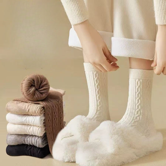 5PRS-White Cashmere Women's Twist Thickened Retro Medium Tube Socks Postpartum Confinement Socks