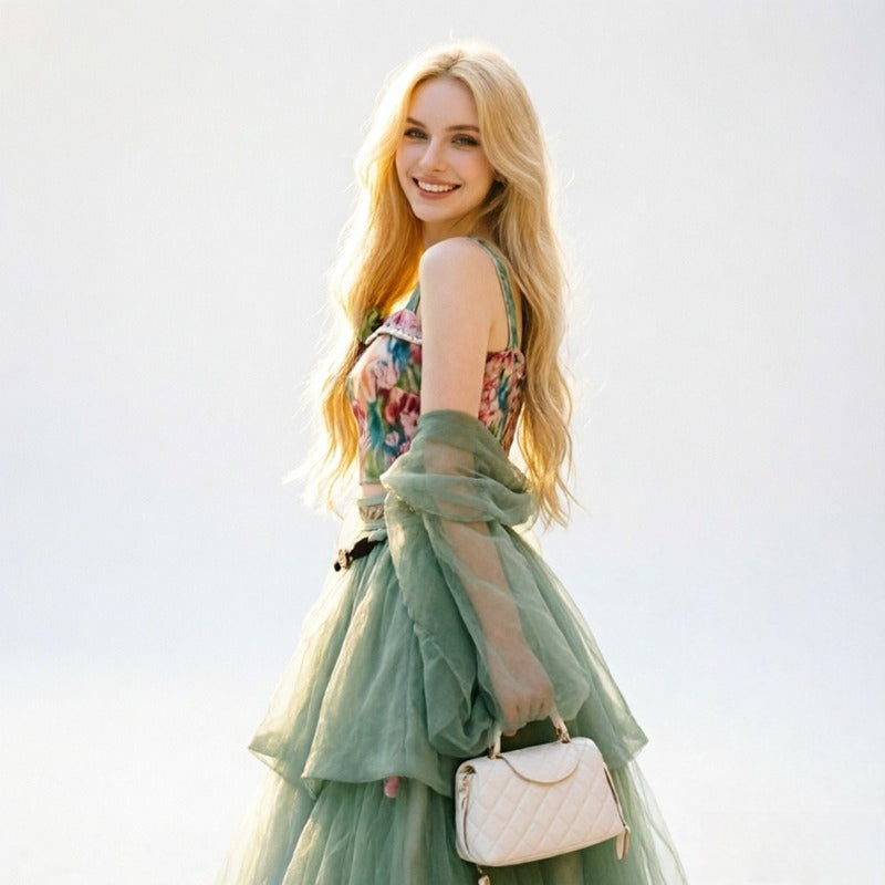 Heavy Industry Suspender Half Skirt Cardigan Three-piece Temperament Lady Niche Design Sense Holiday Style Suit Woman