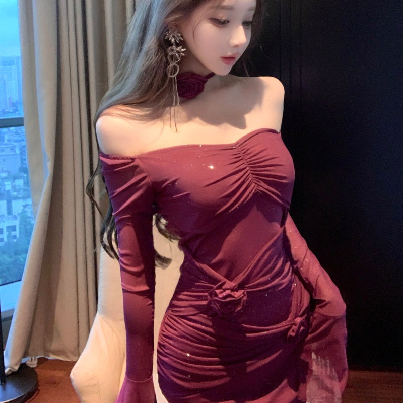 Prom Night Lace-Up Floral Appliqué Fitted Wrap Slit Evening Gown Dress