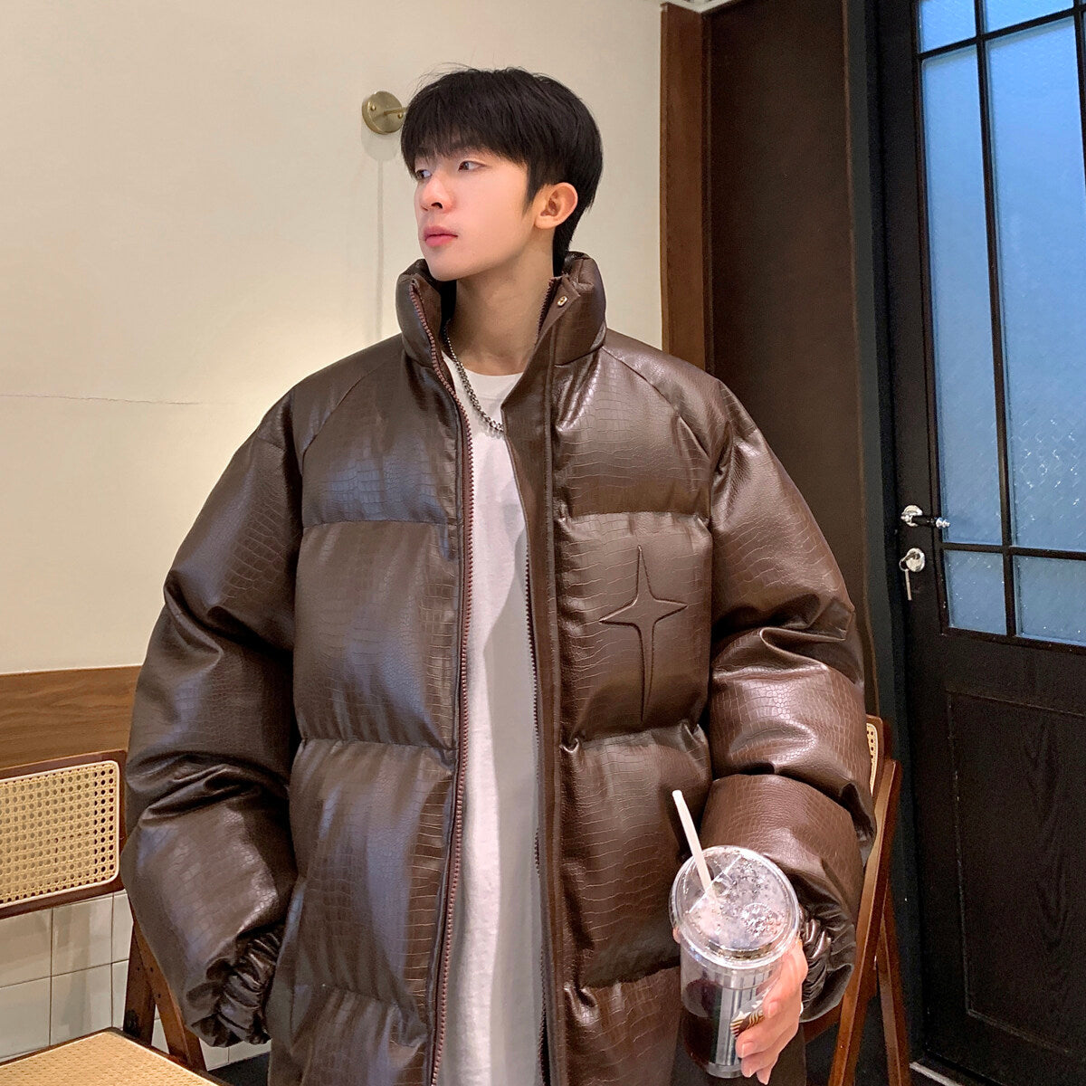 Men’s Croc Print Metal Stamp Jacket - Oversized Casual Streetwear Cotton Coat