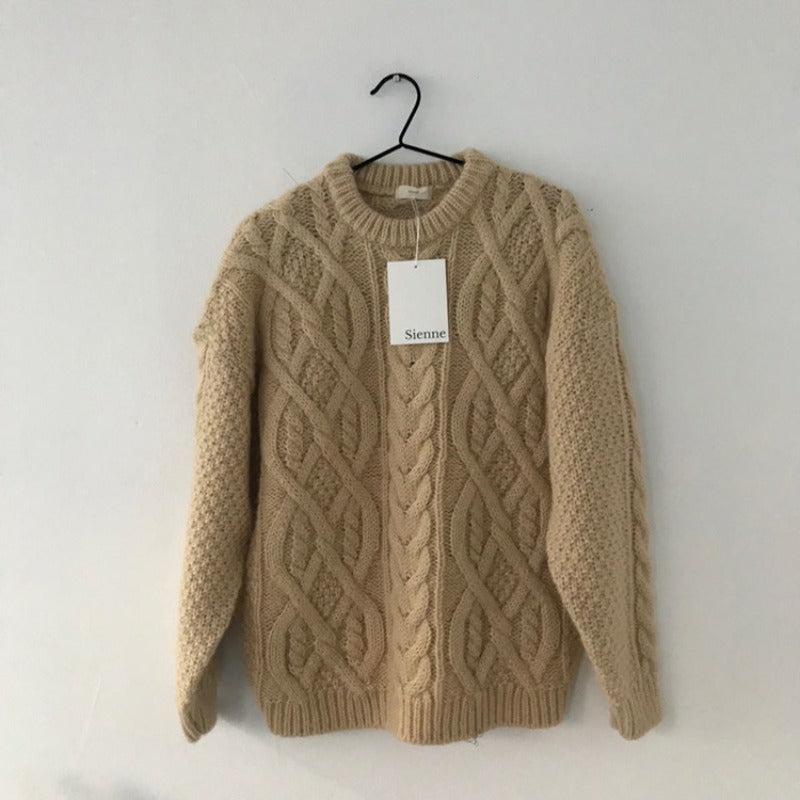 Autumn Winter INS Women's Loose Retro Braided Mohair Knit Sweater Round Neck Pullover Thickened Sweater Coat