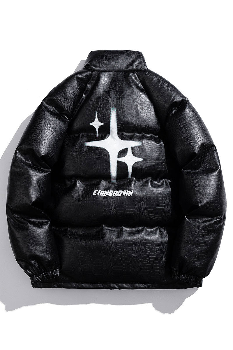 Men’s Detachable Star Brooch Jacket - White Croc Print Padded Cotton Coat