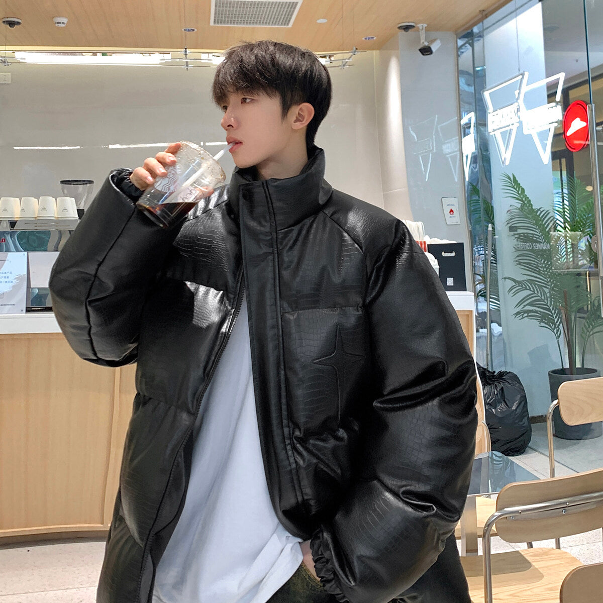 Men’s Croc Print Metal Stamp Jacket - Oversized Casual Streetwear Cotton Coat