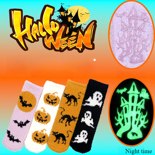 Glow Halloween Socks: Unisex Coral Fleece Non-Slip Sleep & Lounge Warmers-5PRS