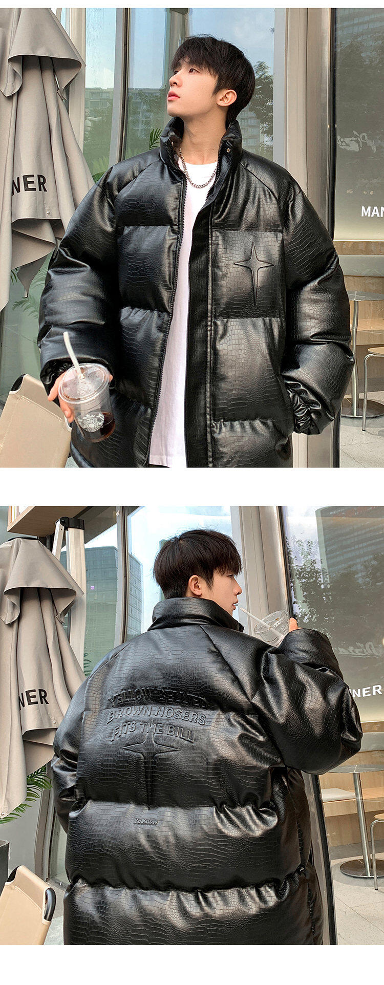 Men’s Croc Print Metal Stamp Jacket - Oversized Casual Streetwear Cotton Coat