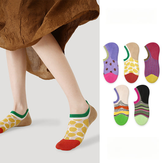 Women’s Vintage Polka Dot Boat Socks | Japanese Kawaii Contrast | Non-Slip Lightweight Summer Ankle Socks-5Prs