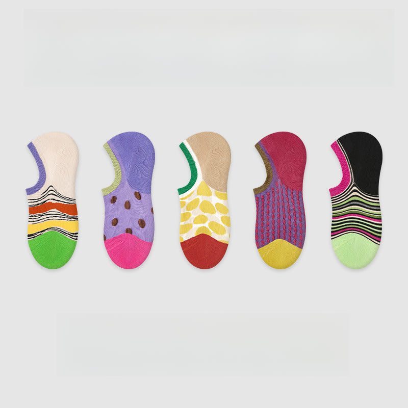 Women’s Vintage Polka Dot Boat Socks | Japanese Kawaii Contrast | Non-Slip Lightweight Summer Ankle Socks-5Prs