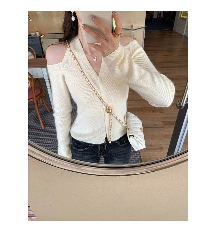Lazy Halter Neck Long Sleeve Knitted Sweater for Women, Autumn New Style, Super Beautiful, Mature Off-Shoulder Top