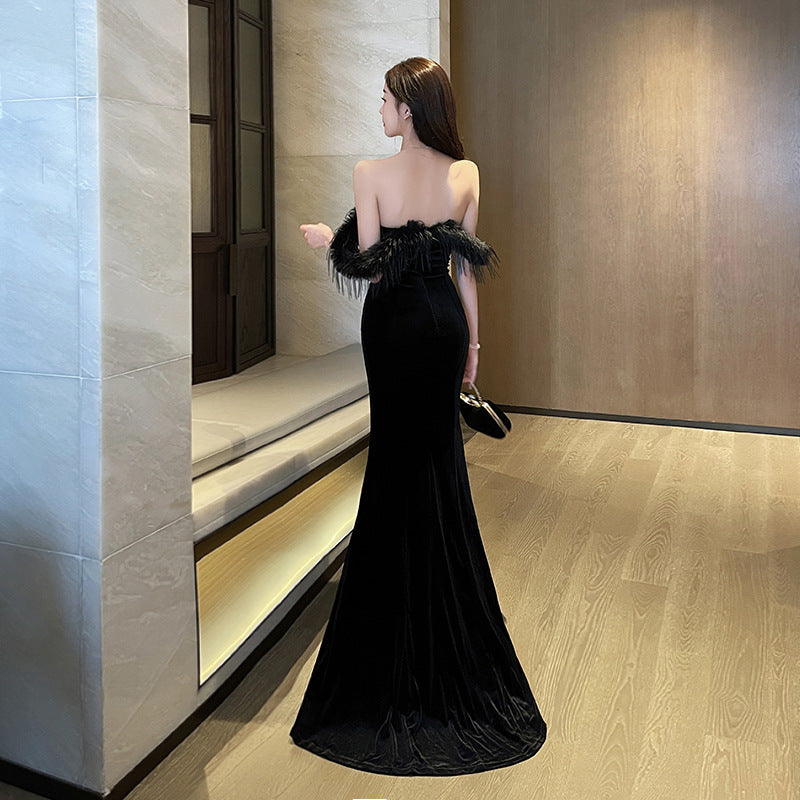Fur Collar Sexy Strapless Bodycon Floor-Length Women's Dress Elegant Backless Nightclub Gown Car Model Annual Meeting Evening Dress