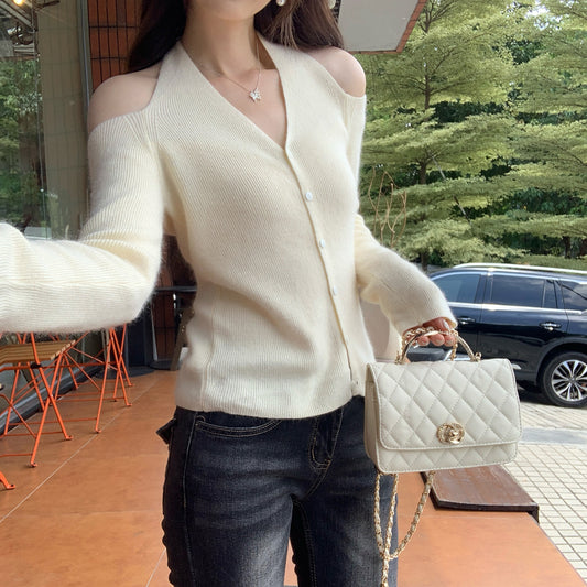 Lazy Halter Neck Long Sleeve Knitted Sweater for Women, Autumn New Style, Super Beautiful, Mature Off-Shoulder Top