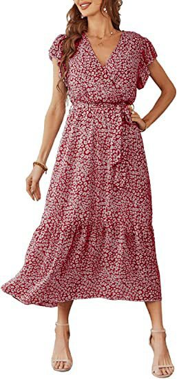 Stylish and Chic: Women's Floral Summer Dress with V-neck, Short Sleeves, Belt, and Pleated Hem - Perfect for Bohemian Fashion Lovers!