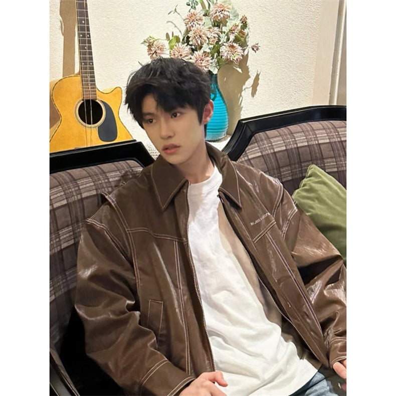 Men's Soft Loose Leather Jacket - Versatile Overshirt Coat for Street Style