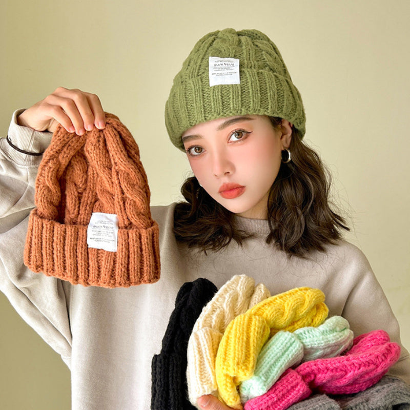Solid Color Twist Female Autumn and Winter Student Warm Ear Protection Knitted Hat Couple Versatile Cold Hat