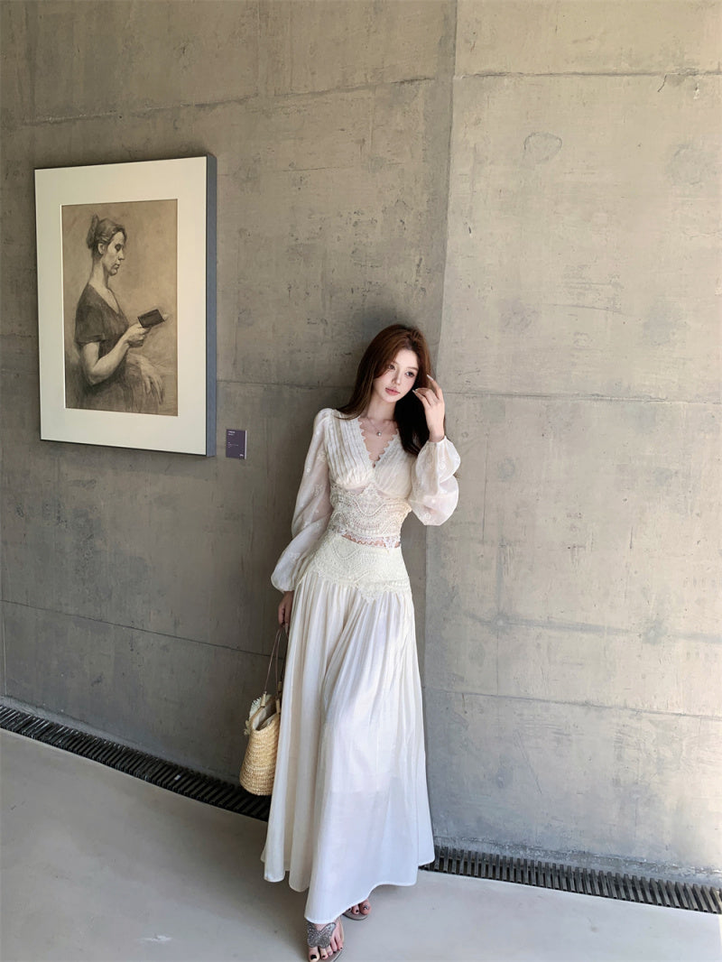 Tranquil Chiffon Blouse + Sculpted Skirt Set | Delicate Lace Details