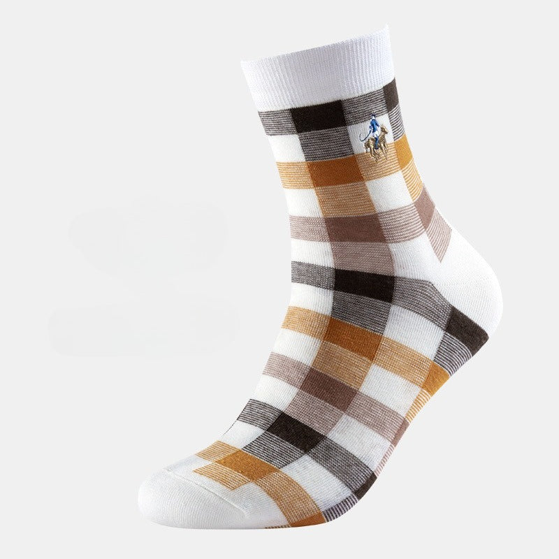 Men's Socks Spring and Autumn Business Trendy Socks Plaid Combed Cotton Medium Tube Socks