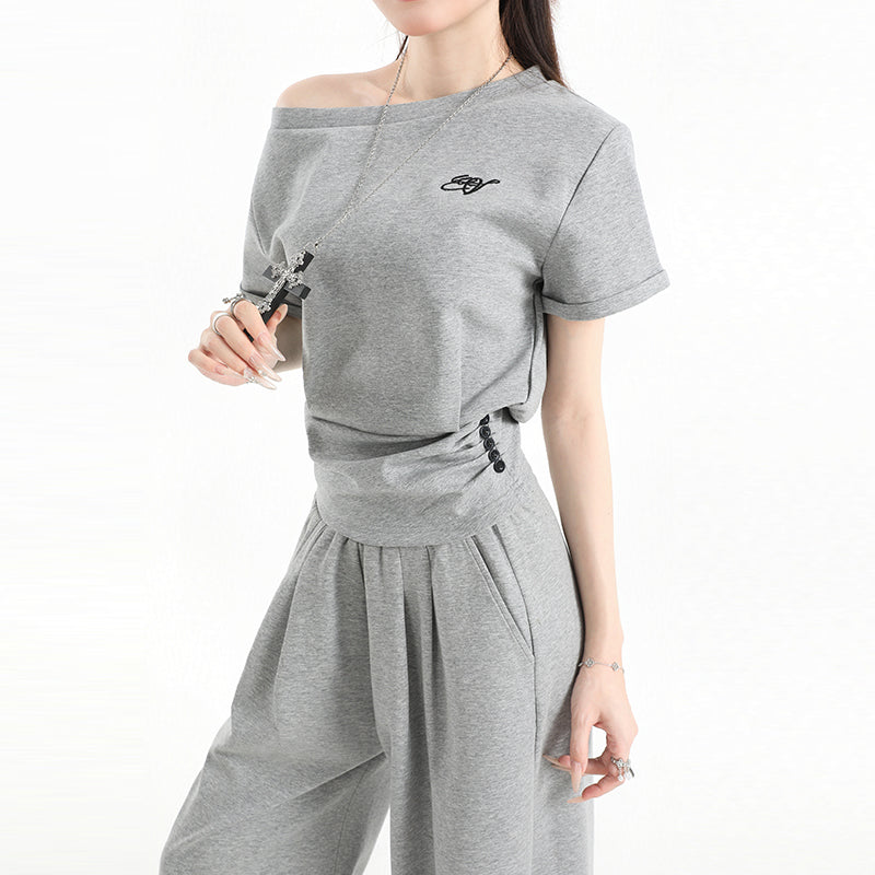 Stillness Sport Set: Slate-Gray Off-Kilter Shoulder Top + Engineered Relaxed Pants