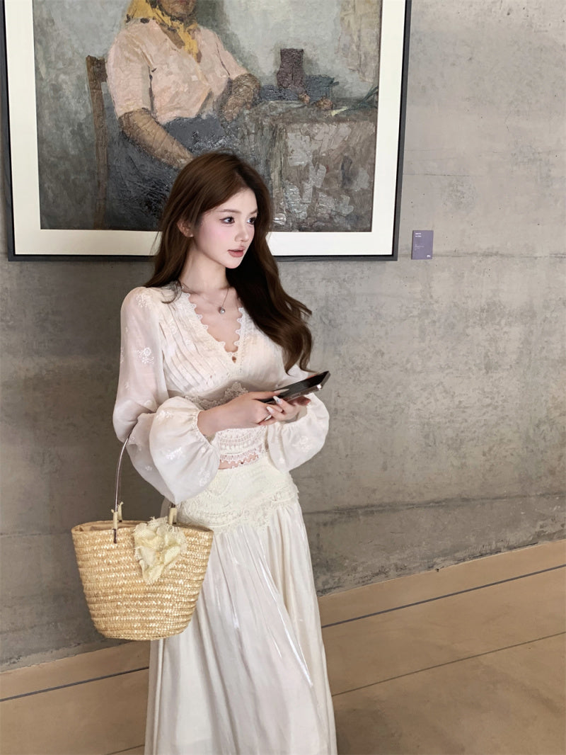 Tranquil Chiffon Blouse + Sculpted Skirt Set | Delicate Lace Details