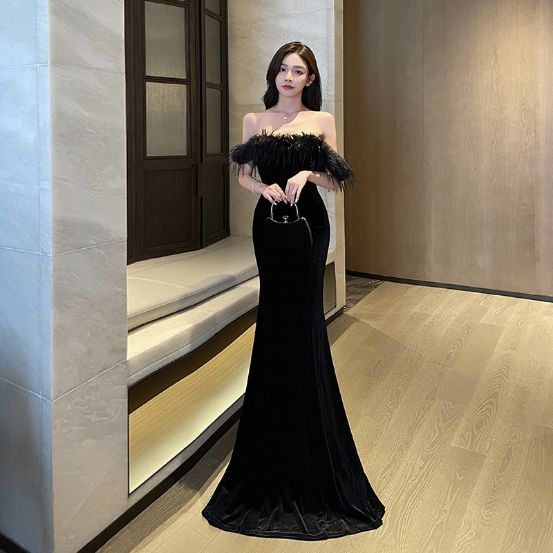 Fur Collar Sexy Strapless Bodycon Floor-Length Women's Dress Elegant Backless Nightclub Gown Car Model Annual Meeting Evening Dress