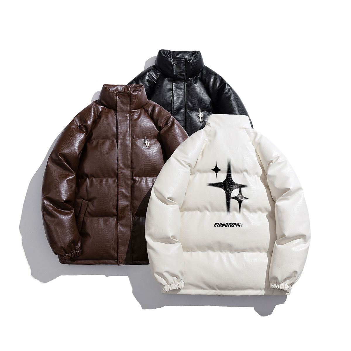 Men’s Detachable Star Brooch Jacket - White Croc Print Padded Cotton Coat