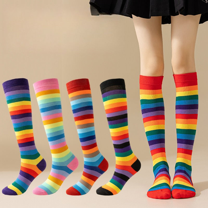Rainbow Striped European and American Socks Women's Long Tube Party Show Halloween Cosplay Calf Socks