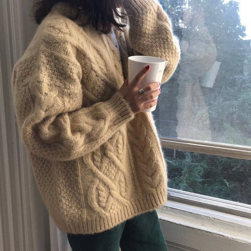 Autumn Winter INS Women's Loose Retro Braided Mohair Knit Sweater Round Neck Pullover Thickened Sweater Coat