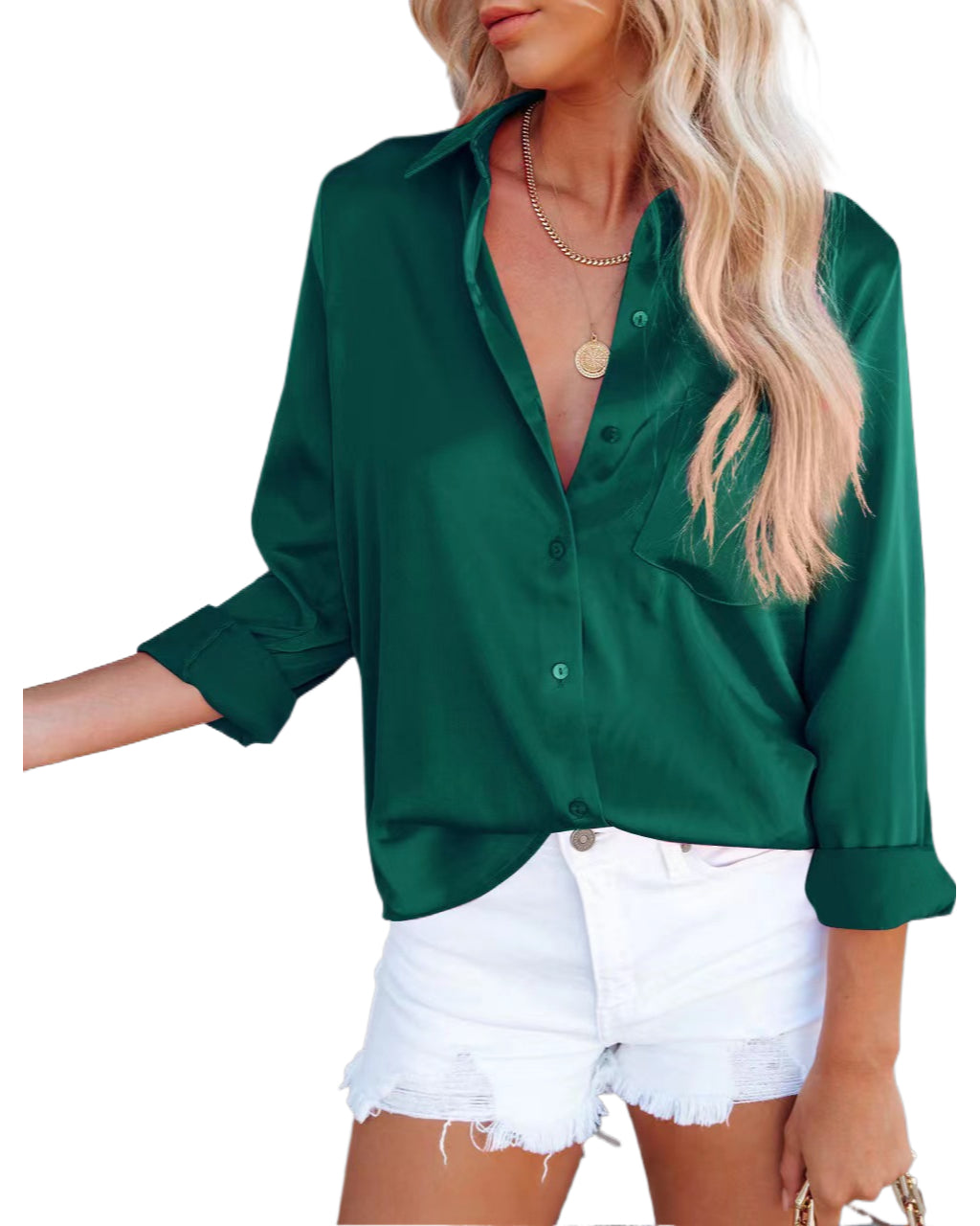 Spring Viral Acetate Satin Blouse: Luxe Solid-Tone Long Sleeve Office Shirt for Women Trending Workwear Minimalist Fashion